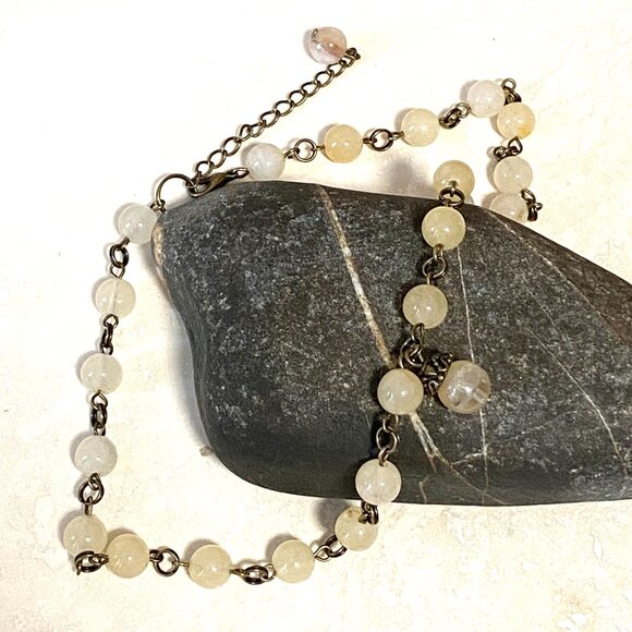 Natural Yellow Aventurine Necklace, Cute Bronze Acorn + Genuine Gemstone Choker - Picture 4 of 13